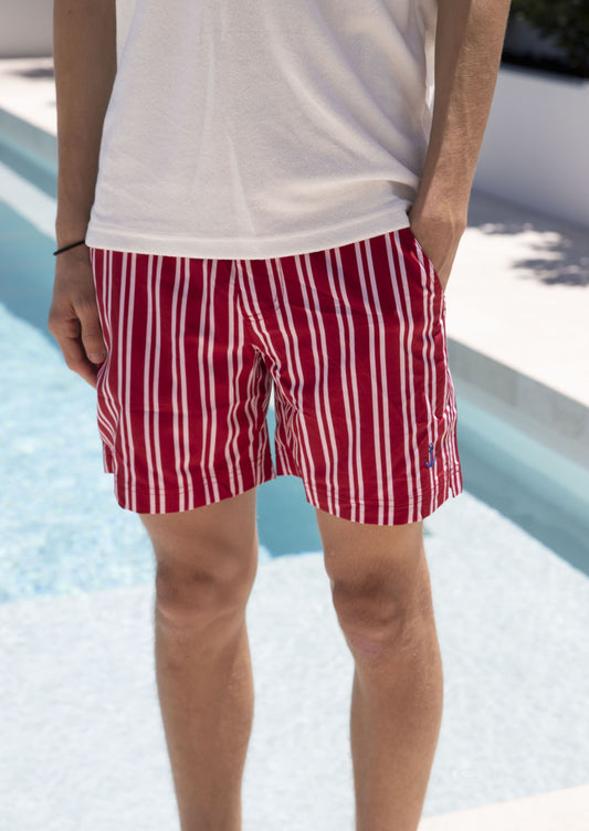 Men's Swim Shorts - Red & White Striped